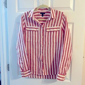 J. Crew linen striped button linen down shirt, Nantucket red and white